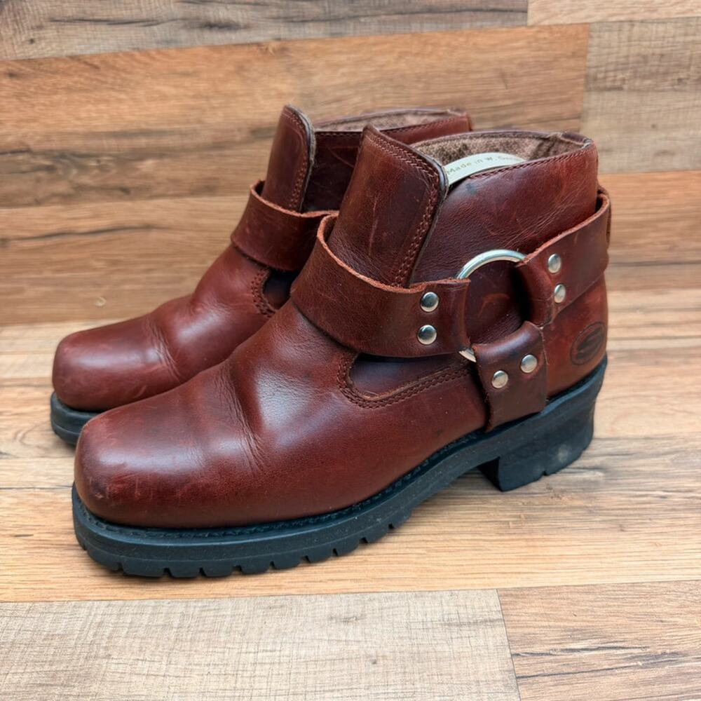Skechers VTG 90s Brown Leather Engineer Biker Boots Ankle Moto Sz 5.5 Chunky